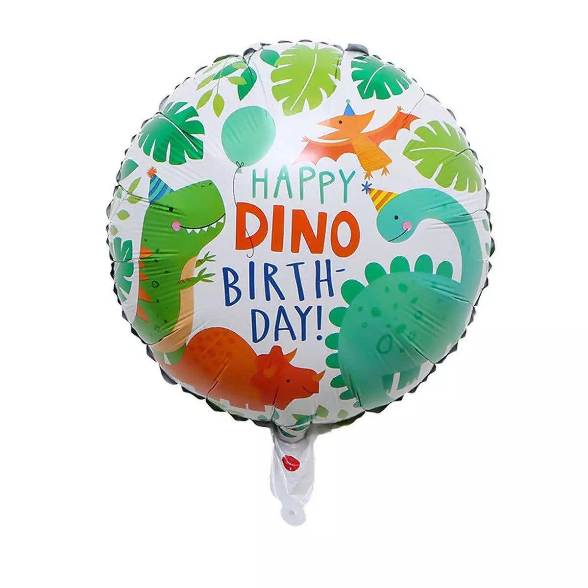 Balon din Folie Metalizata, Flippy, Mini Figurina Rotunda, Model Happy Birthday cu Dinozauri, Tema Aniversare, 45 cm, Ambalaj Individual, Pai inclus, Umflare cu Aer sau Heliu, Multicolor