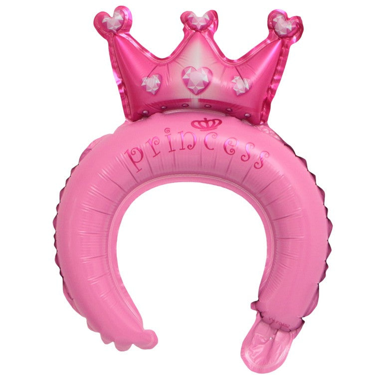 Balon din Folie Metalizata, Flippy, Tip Coronita cu Urechi, Model Coronita de Printesa, Ambalaj Individual, Pai Inclus, Umflare cu Aer sau Heliu, 30 x 27 cm, Roz