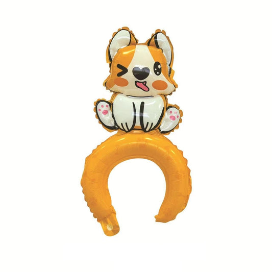 Balon din Folie Metalizata, Flippy, Tip Coronita, Model Catelus, Ambalaj Individual, Pai Inclus, Umflare cu Aer sau Heliu, 49 x 28 cm, Multicolor