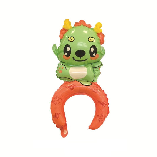 Balon din Folie Metalizata, Flippy, Tip Coronita, Model Dragon, Ambalaj Individual, Pai Inclus, Umflare cu Aer sau Heliu, 49 x 27.5 cm, Verde