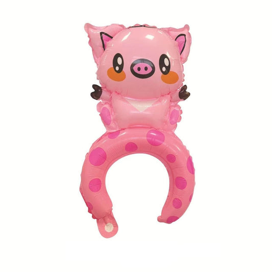 Balon din Folie Metalizata, Flippy, Tip Coronita, Model Purcelus, Ambalaj Individual, Pai Inclus, Umflare cu Aer sau Heliu, 47 x 28 cm, Roz