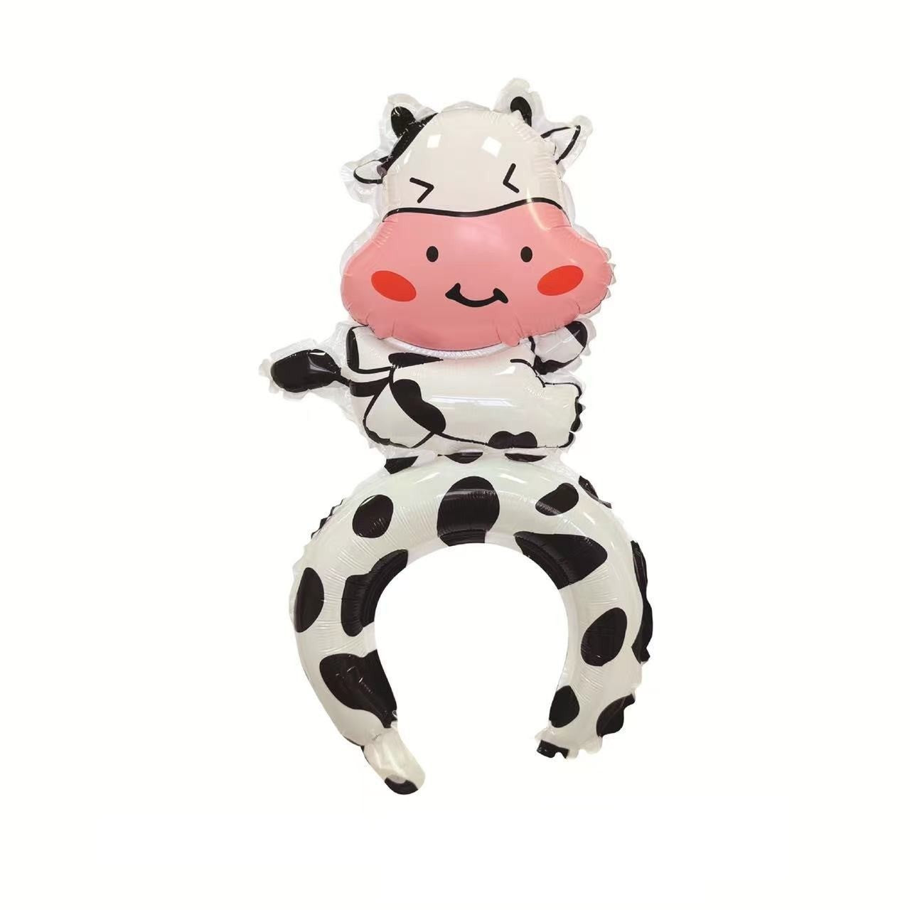 Balon din Folie Metalizata, Flippy, Tip Coronita, Model Vacuta, Ambalaj Individual, Pai Inclus, Umflare cu Aer sau Heliu, 48 x 27 cm, Alb/Negru