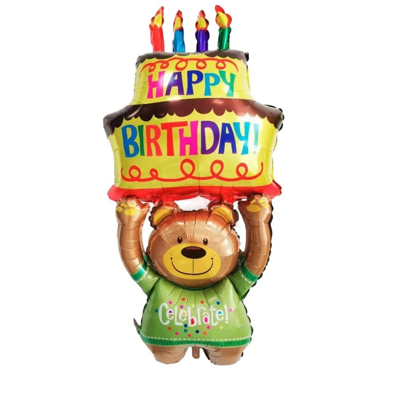 Balon din Folie Metalizata, Flippy, Figurine Animalute, Model Ursulet cu Tort Aniversar, 124x65 cm, Ambalaj Individual, Pai Inclus, Umflare cu Aer sau Heliu, Multicolor