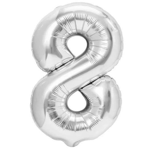 Balon din Folie Metalizata, Flippy, Figurina Cifra, Tema Aniversare 80 cm, Ambalaj Individual, Pai inclus, Umflare cu Aer sau Heliu, Argintiu, Cifra 8