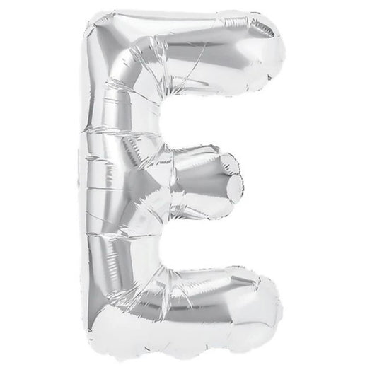 Balon Folie Metalizata Litera E, Flippy, 80 cm, Umflati cu Heliu sau Aer, Ambalaj Individual, Pai inclus, Argintiu