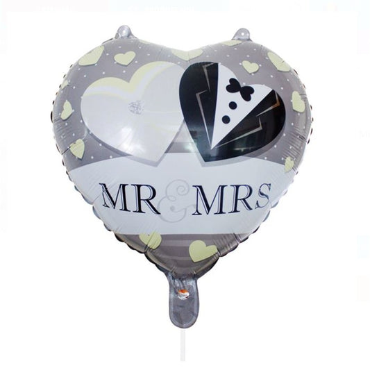 Balon din Folie Metalizata, Flippy, Figurina Inima, Model Mr&Mrs, Tema Nunta, 45 cm, Ambalaj Individual, Pai Inclus, Umflare cu Aer sau Heliu, Gri