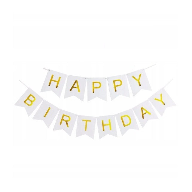 Banner Happy Birthday 100x200 cm, Flippy, Dimensiune Stegulet 11.5x16.5 cm, Rola de Ata Inclusa, Alb