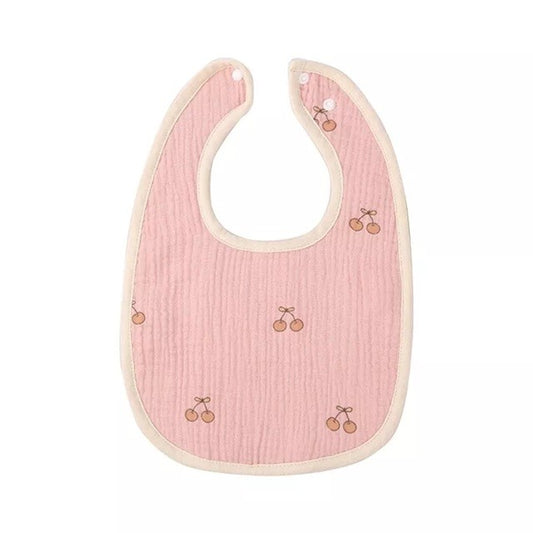 Baveta in Forma de U, Flippy, din Bumbac, pentru Copii 0-12 Luni, Rezistenta la Apa, cu Capse, Model cu Cirese,  21x30 cm, Roz