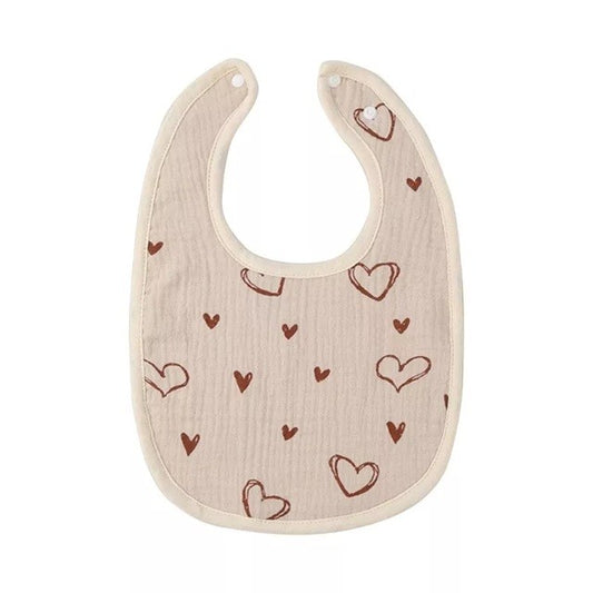 Baveta in Forma de U, Flippy, din Bumbac, pentru Copii 0-12 Luni, Rezistenta la Apa, cu Capse, Model cu Inimoare,  21x30 cm, Bej