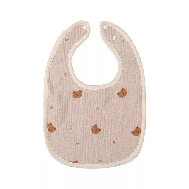 Baveta in Forma de U, Flippy, din Bumbac, pentru Copii 0-12 Luni, Rezistenta la Apa, cu Capse, Model cu Ursuleti,  21x30 cm, Bej