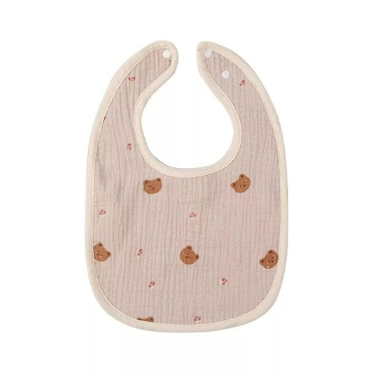 Baveta in Forma de U, Flippy, din Bumbac, pentru Copii 0-12 Luni, Rezistenta la Apa, cu Capse, Model cu Ursuleti,  21x30 cm, Bej