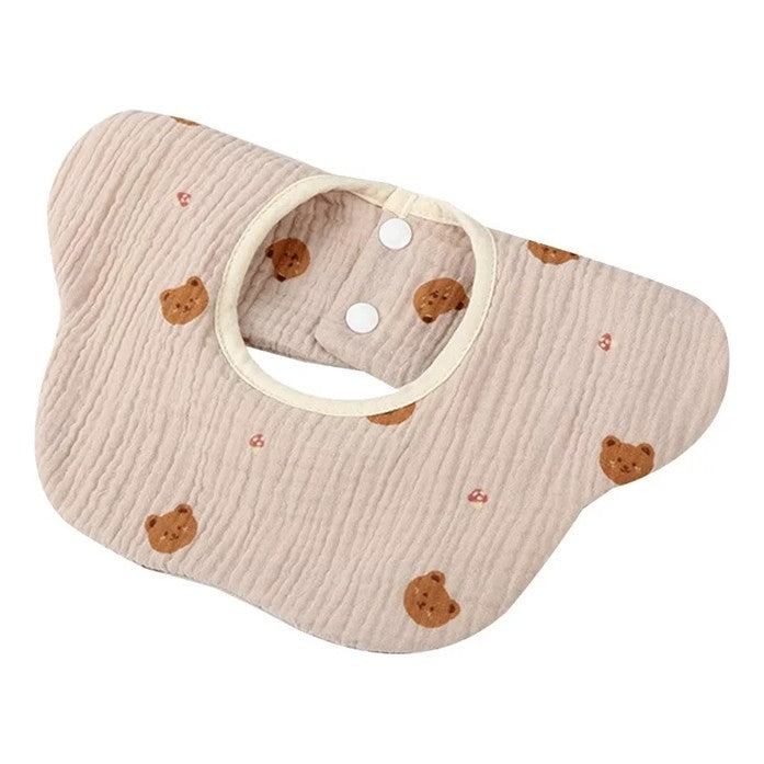 Baveta Tip Floare, Flippy, din Bumbac, pentru Copii 0-12 Luni, Rezistenta la apa, cu Capse, Model cu Ursuleti, 26 x 29 cm, Crem