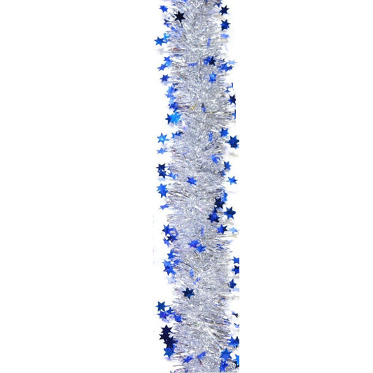 Beteala de Craciun cu LED, Flippy, 2 m, 5 cm Grosime, din PVC, Model cu Stelute, Artificiala, Albastru/Argintiu