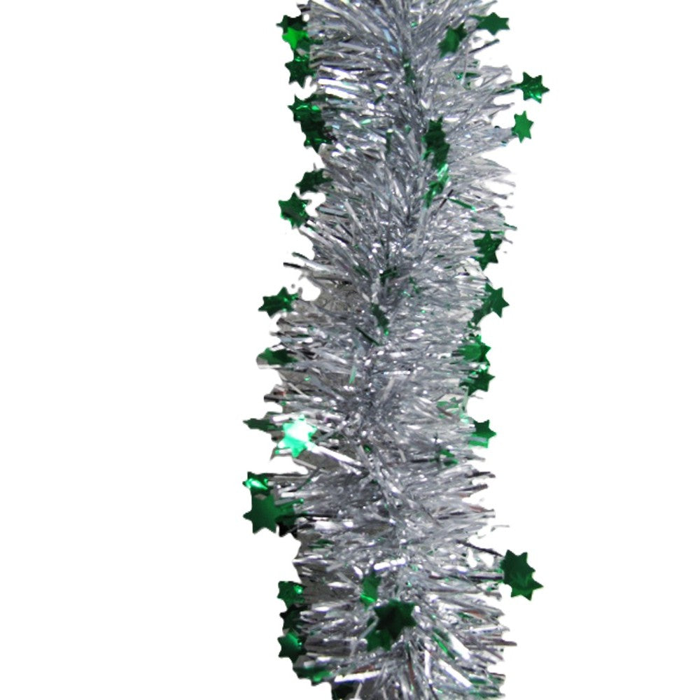 Beteala de Craciun cu LED, Flippy, 2 m, 5 cm Grosime, din PVC, Model cu Stelute, Artificiala, Verde/Argintiu