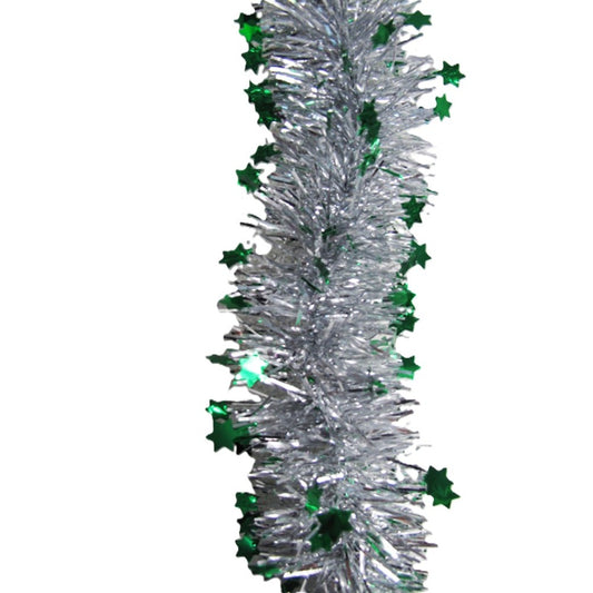 Beteala de Craciun cu LED, Flippy, 2 m, 5 cm Grosime, din PVC, Model cu Stelute, Artificiala, Verde/Argintiu