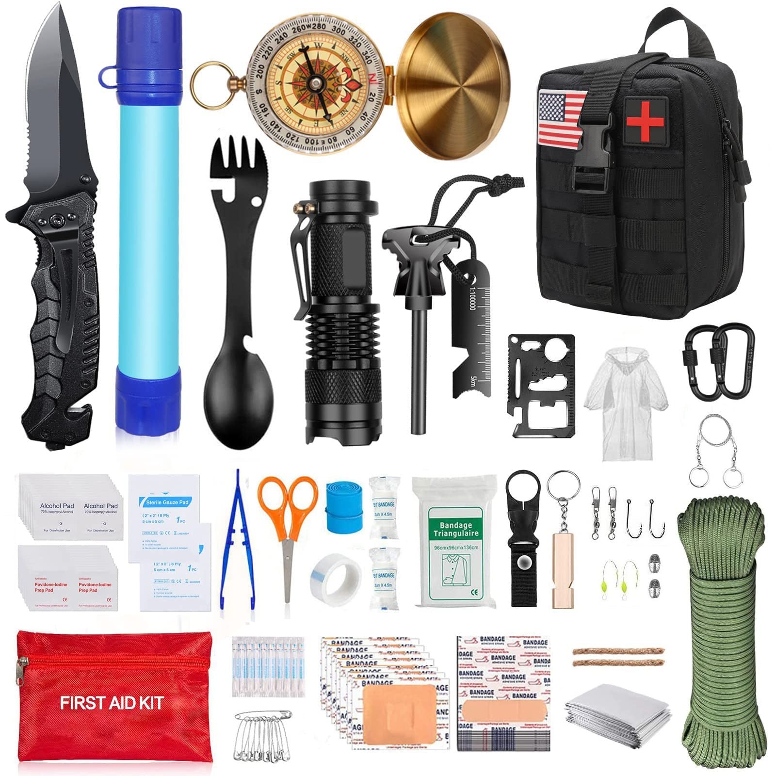 Kit supravietuire multifuncional Flippy, 40 de Instrumente Profesionale, Echipament de prim-ajutor, Drumetie, Camping