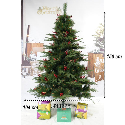 Brad artificial de Craciun, decorat cu conuri pin rosii, pentru interior/exterior, inaltime 150 cm, diametru 104 cm, 323 ramuri, Flippy, verde, suport metalic inclus