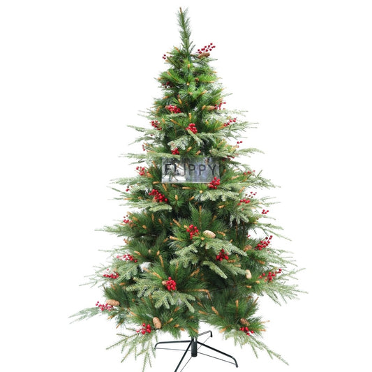 Brad artificial de Craciun, decorat cu conuri pin rosii, pentru interior/exterior, inaltime 210 cm, diametru 142 cm, 767 ramuri, Flippy, verde, suport metalic inclus