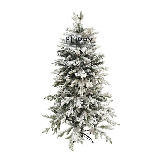 Brad Artificial de Craciun, Flippy, 1.5 m inaltime, Verde, Pulverizat complet alb-tip zapada, Interior/ Exterior, Ramuri bogate