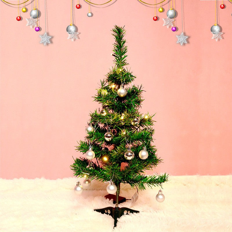 Brad Artificial Impodobit, 60 cm, suport plastic cu instalatie luminoasa 20 LED alb cald + 20 globuri argintii incluse, Flippy