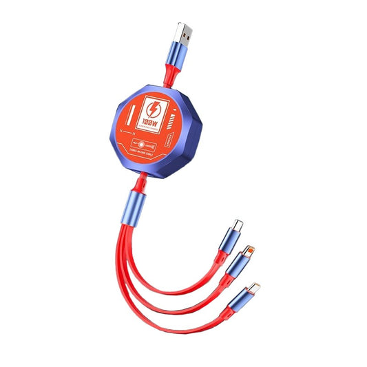 Cablu Retractabil 3in 1 pentru Telefon, Flippy, Cablu de incarcare rapida 100W, stil Mecha, potrivit pentru Auto, Universal 1.2M, Rosu Albastru