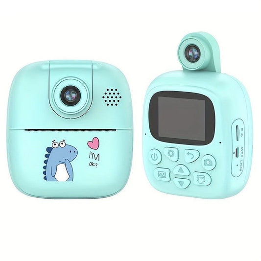 Camera Instantanee pentru Copii, Flippy, Camera Frontala + Selfie, cu Functie de Printare, Cablu USB-C, Bluetooth, Compatibil iOS/Android, Imprimare APP, Model Dino, Albastru