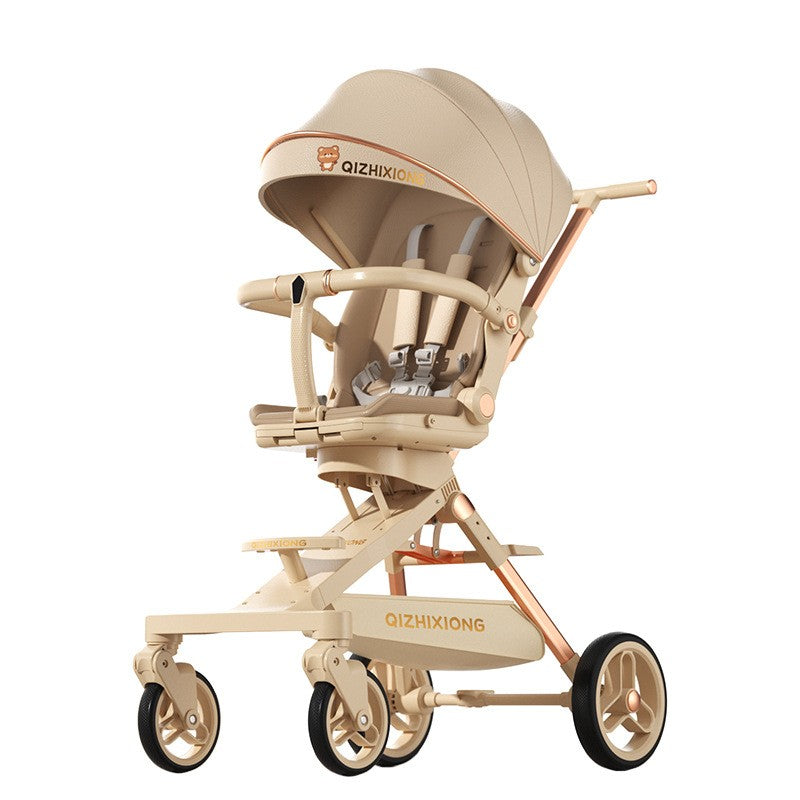 Carucior Sport Flippy 3in1, 6-36 Luni, Pliabil, Tavita pentru Masa, Pat de Dormit, Centura de Siguranta, Roti 360 Grade, Reversibil, Parasolar, Maner Reglabil, 64 x 35 x 100 cm, Bej