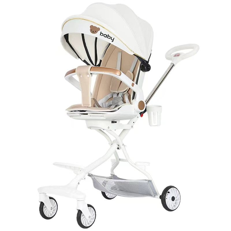 Carucior Sport Flippy 3in1, 6-36 Luni, Reversibil, Pliabil, Tavita pentru Masa, Pozitie de Somn, Centura de Siguranta, Roti 360, Suport Pahar, Copertina pentru Soare, 32x63x95cm, Alb, Model Ursulet