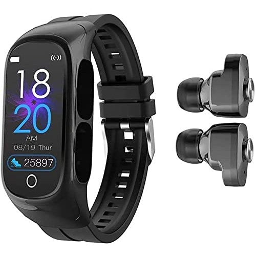 Ceas Smartwatch 2 in 1, cu Casti Bluetooth, N8 TWS, Plug in Lateral, Afisaj 1.47 inch, Rezolutie 172*320, Negru