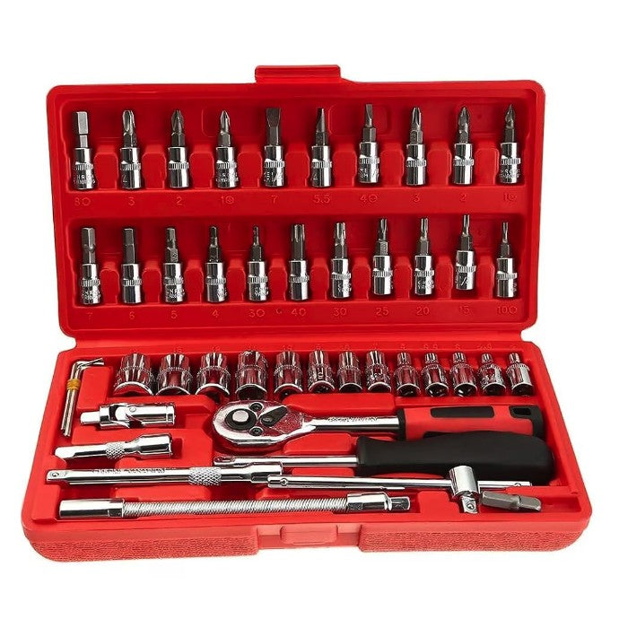 Chei tubulare Set 46 de Piese, Flippy, Trusa Scule de Reparatii Auto, Prelungitoare Rigid si Flexibil, Articulatie Cardanica, Antrenor de Forta Glisant, Adaptoare, Maner pentru Surubelnita, 23 x 12 x 4 cm, 1.9 kg, Cutie Rosie