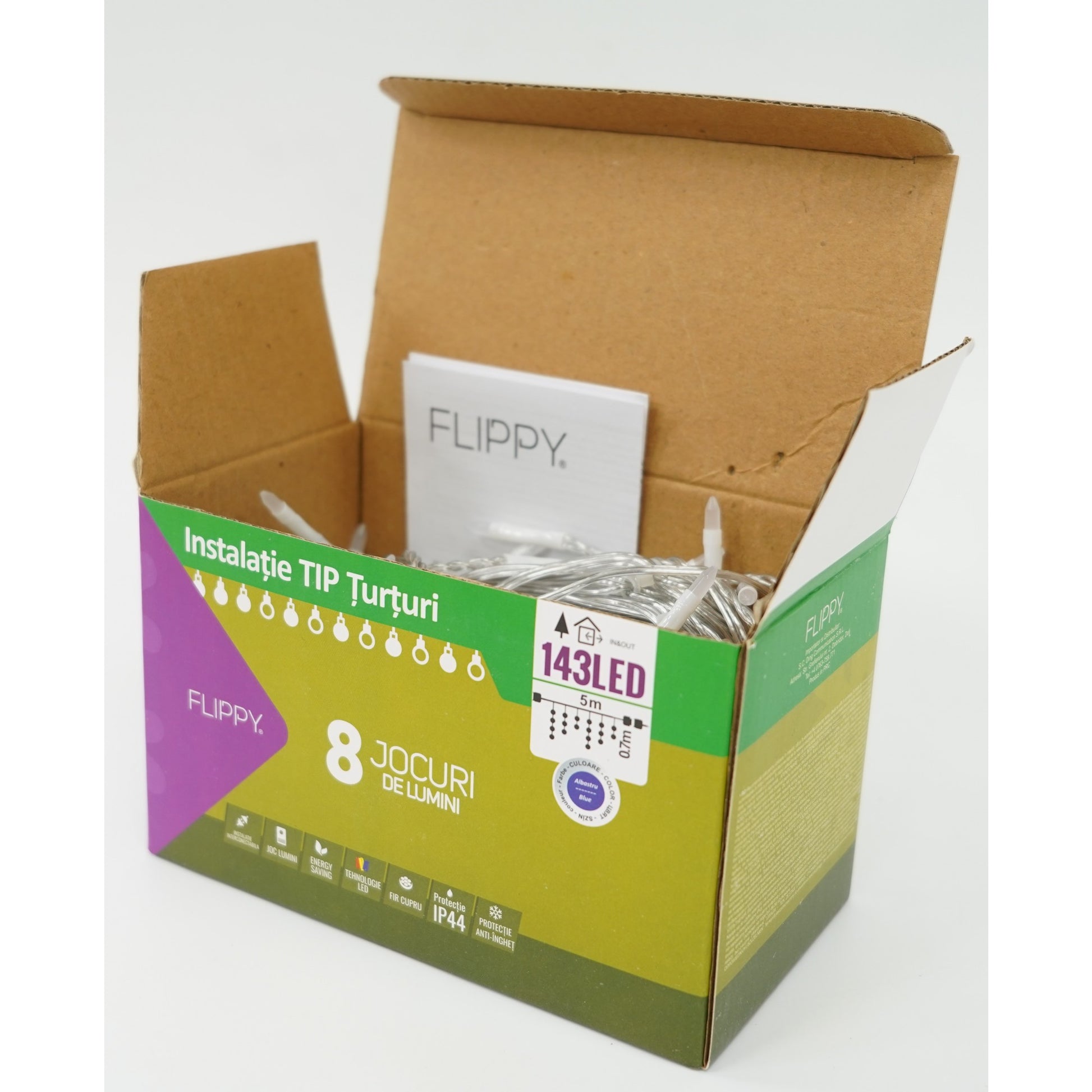 Sectiune Instalatie de Craciun, Flippy®, Tip Turturi, Fara Alimentator, 5m, 143 LED-uri, 8 Jocuri de Lumini, Fir Transparent, Lumina Albastra, IP44, Interconectabila