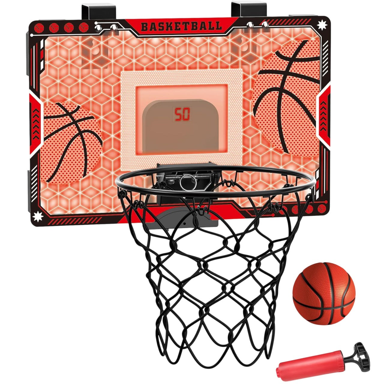 Cos de Baschet pentru Copii, Flippy, cu Tablou de Bord Electronic, Minge, Pompa, 2 Moduri, Interior/Exterior, Inel Metalic si Rabatabil cu Arc, Luminos, 41x27.5x5 cm, Multicolor