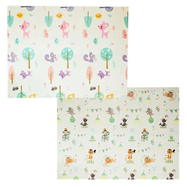 Covoras pentru Copii, Flippy, cu 2 Fete, Model Caprioare/Circ, din XPE+PE, Impermeabil, Antiderapant, Protectie Termica, +3 Luni, Pliabil, 150 x 200 x 1 cm, Multicolor