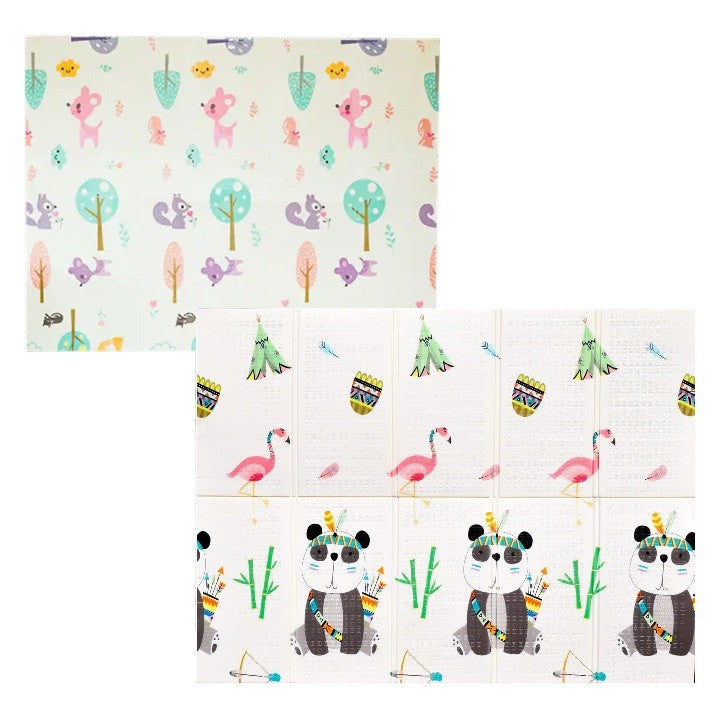 Covoras pentru Copii, Flippy, cu 2 Fete, Model Caprioare/Panda, din XPE+PE, Impermeabil, Antiderapant, Protectie Termica, +3 Luni, Pliabil, 150 x 200 x 1 cm, Multicolor