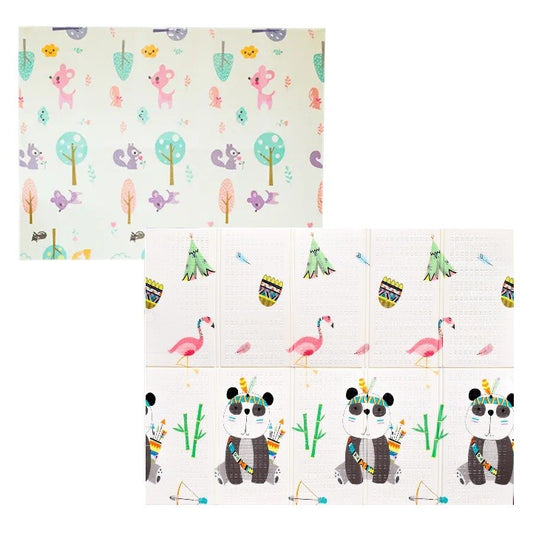 Covoras pentru Copii, Flippy, cu 2 Fete, Model Caprioare/Panda, din XPE+PE, Impermeabil, Antiderapant, Protectie Termica, +3 Luni, Pliabil, 150 x 200 x 1 cm, Multicolor