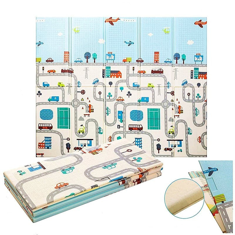 Covoras pentru Copii, Flippy, cu 2 Fete, Model Trafic/Girafe, din XPE+PE, Impermeabil, Antiderapant, Protectie Termica, +3 Luni, Pliabil, 180 x 200 x 1 cm, Multicolor