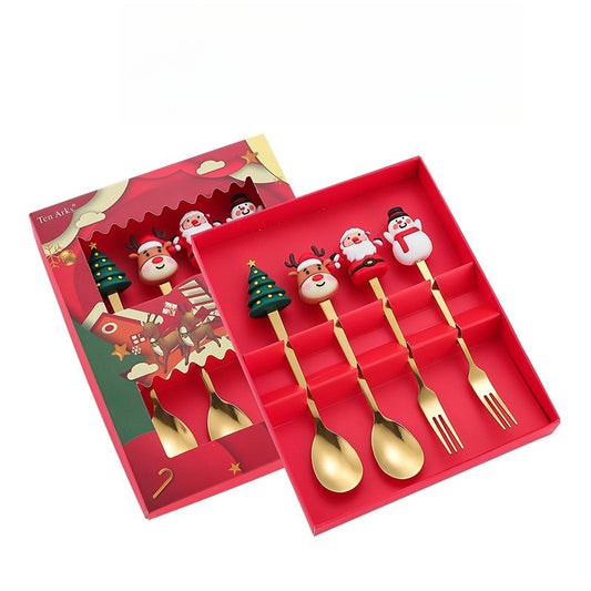 Set 4 Tacamuri, Flippy, Tema Craciun, 2 Linguri + 2 Furculite, cu Figurine, din Otel Inoxidabil, Cutie Cadou, 19 x 15 x 2.2 cm, Auriu