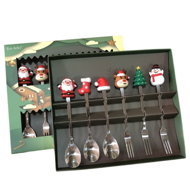 Set 6 Tacamuri, Flippy, Tema Craciun, 3 Linguri + 3 Furculite, cu Figurine, din Otel Inoxidabil, Cutie Cadou, 19 x 22 x 2.2 cm, Argintiu