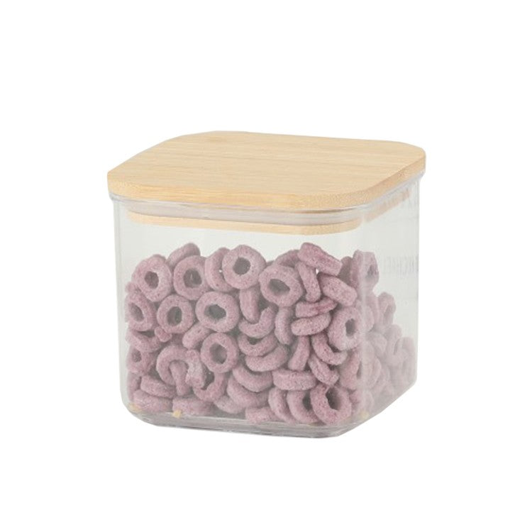 Cutie de Depozitare Alimente, Flippy, Cutie de tip Container, Cutie pentru Cereale, din Plastic, Capac din Bambuc, 10 x 10 x 8 cm, Volum 0.5 L, Transparenta