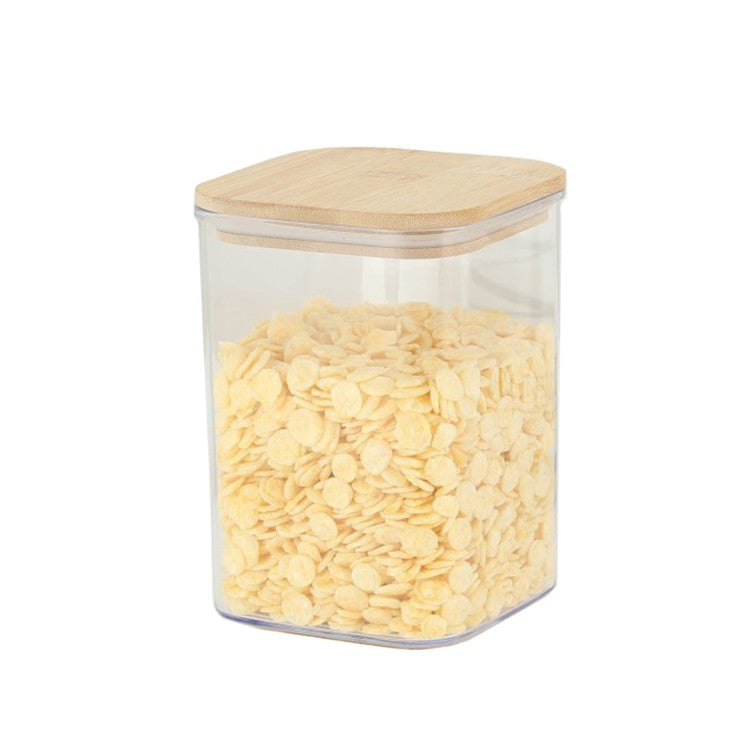 Cutie de Depozitare Alimente, Flippy, Cutie de tip Container, Cutie pentru Cereale, din Plastic, Capac din Bambuc, 10 x 10 x 14 cm, Volum 0.8 L, Transparent