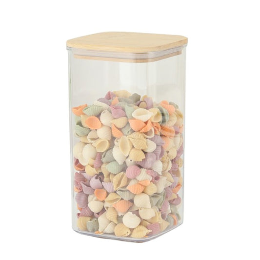 Cutie de Depozitare Alimente, Flippy, Cutie de tip Container, Cutie pentru Cereale, din Plastic, Capac din Bambuc, 10 x 10 x 19 cm, Volum 1.2l, Transparent