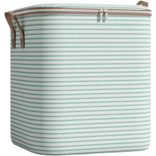 Cutie de Depozitare cu Fermoar, Flippy, Pliabila, Maner Ranforsat, Fermoar Rezistent, pentru Haine, Paturi, Plapume, Perne, Lenjerii de Pat, Jucarii, 56x45x56 cm, 150 Litri, in Dungi, Verde