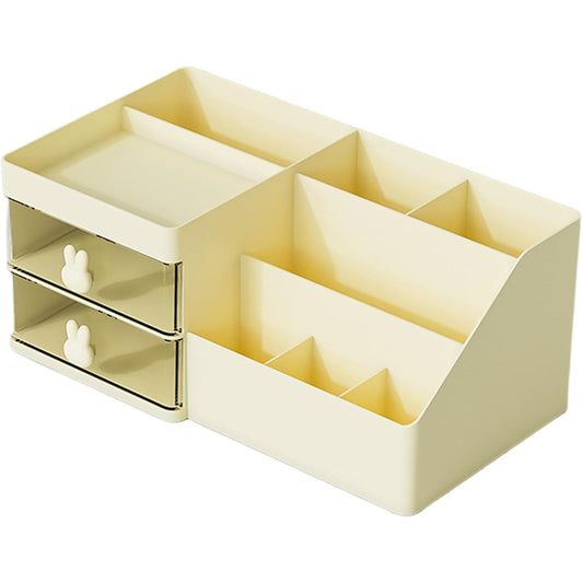 Cutie de Depozitare pentru Birou, Flippy, Pentru Makeup, Papetarie, Organizator Cosmetice, 2 Sertare si Compartimente Multiple, Model Iepuras, Plastic, 27.5x15.5x12 cm, Crem