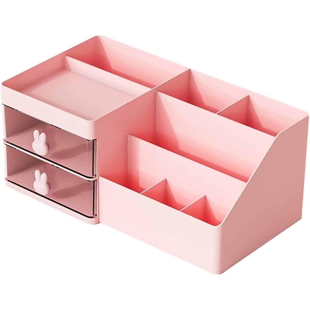 Cutie de Depozitare pentru Birou, Flippy, Pentru Makeup, Papetarie, Organizator Cosmetice, 2 Sertare si Compartimente Multiple, Model Iepuras, Plastic, 27.5x15.5x12 cm, Roz