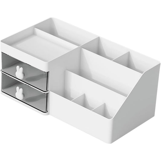 Cutie de Depozitare pentru Birou, Flippy, Pentru Makeup, Papetarie, Organizator Cosmetice, 2 Sertare si Compartimente Multiple, Model Iepuras, Plastic, 27.5x15.5x12 cm, Alb