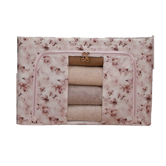 Cutie Depozitare, Flippy, 66L, din Material Textil, 50 x 40 x 33 cm, pentru Haine si Lenjerii, Model Fluturasi, Roz/Gri