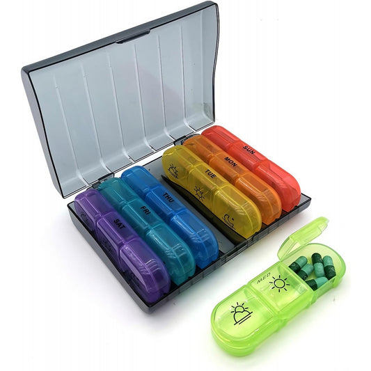 Cutie Depozitare Medicamente, Flippy, 7 Zile, 21 Compartimente, Cutie Suport, Recipiente Detasabile, Portabila, Recipiente Colorate, Cutie Neagra, 15.6x12 cm