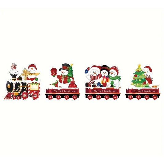 Decoratiune de Craciun, Flippy, pentru Gradina, Tip Trenulet, 4 Figurine + Bete de Infipt in Pamant, din Plastic, Impermeabil, Model Oameni de Zapada, Multicolor