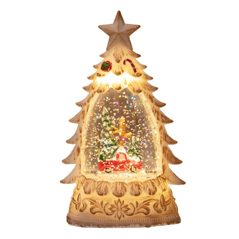 Decoratiune de Craciun tip Brad, Flippy, Glob de Cristal cu Fulgi de Zapada, Model Masinuta cu Brad, Iluminare LED, 16 x 9 x 5 cm, Carcasa Vintage Bej, Transparent