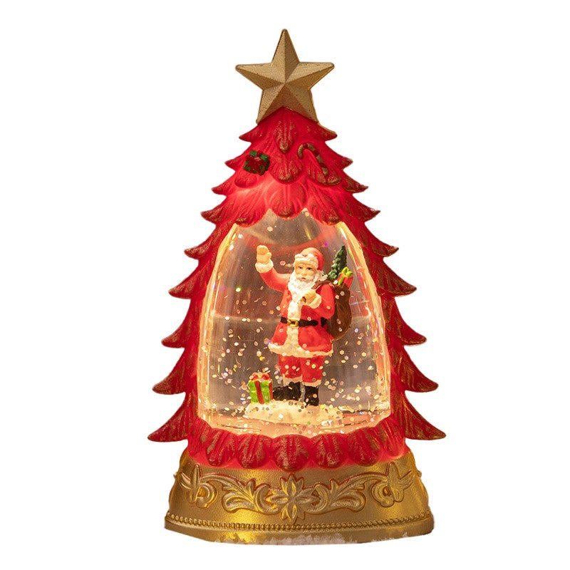 Decoratiune de Craciun tip Brad, Flippy, Glob de Cristal cu Fulgi de Zapada, Model Mos Craciun, Iluminare LED, 16 x 9 x 5 cm, Carcasa Vintage Rosu, Transparent